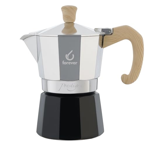 FOREVER Caffettiera Moka 3 Tazze Alluminio, Miss Moka Prestige Woody, Caffettiera Moka per Casa, Caffettiera Portatile per Viaggio, Tazze del Caffè, inclusa Guarnizione in Silicone