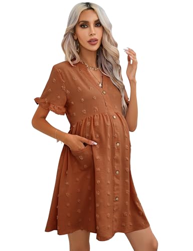 KOJOOIN Womens Maternity Swiss Dot Dress Summer V Neck Short Sleeve Button Down Mini Dress Baby Shower Photoshoot - Main Image