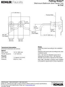 Technical drawing showing dimensions for KOHLER K-T197-CP faucet trim installation, including hot and cold supply lines and spout placement.