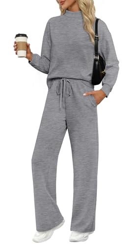 Image of WIHOLL Two Piece Sets for Women Fall Outfits Lounge Sets Mock Neck Tops Wide Leg Pants Vacation Travel Airport Outfits