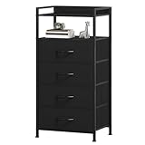 Combinaison parfaite de matériaux : tissu doux, bois naturel et métal robuste: Cette pièce unique allie un cadre en métal solide et durable, des 2 étagères en bois pour un rangement aéré, et 4 tiroirs en tissu souples et élégants. L‘association du tissu, du bois et du métal crée un design contemporain et chaleureux.