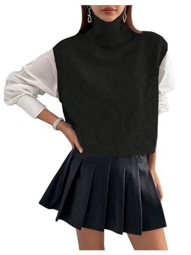 Image of OYOANGLE Women's High Neck Sleeveless Crop Sweater Vest High Low Hem Knitted Pullover Tank Tops