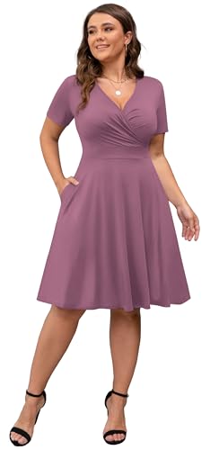 Image of POSESHE Womens Plus Size Dresses Summer Short Sleeve Wrap V-Neck Sundress Casual Wedding Guest Cocktail Dress with Pockets