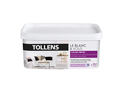 Tollens - Peinture Blanche Velours - Toutes Pièces - Pour Murs, Plafonds et Boiseries - Opacité Renforcée - Séchage Rapide - Lessivable - Fabriqué en France - Blanc...