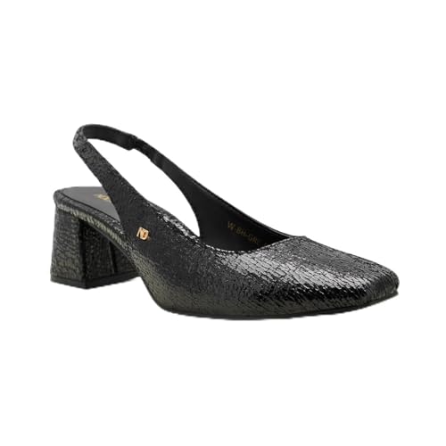 NDURE Black Crackled Textured Slingback Pumps Block Heel Pointed Toe (EU Footwear Size System Adult Women Numeric Medium 38)