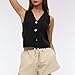Women's Linen Vest Casual Button Down Shirts Sleeveless Blazer Tank Top Lightweight Business Shirt Solid Color Crop Shirts Black S