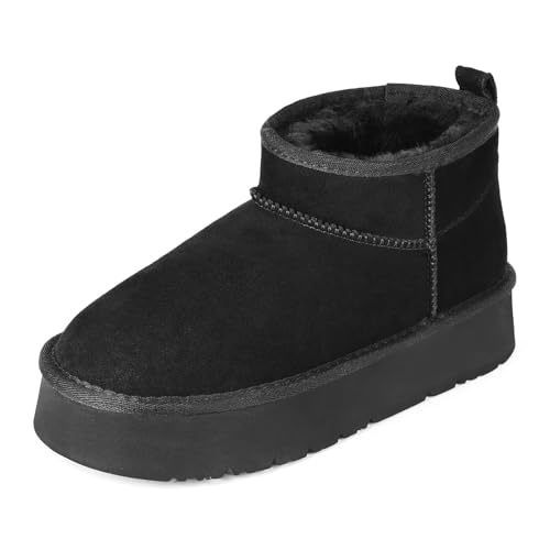 OOW Ankle Platform Boots for Women Genuine Suede Short Winter Snow Boot with Cozy Lined, Black, 6.5 Wide