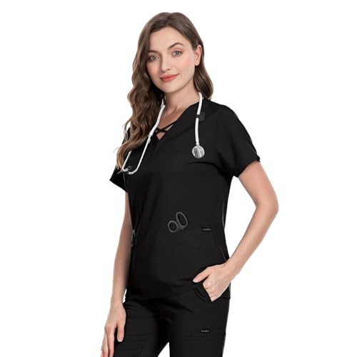 Image of VIAOLI Scrubs for Women Set Modern V-Neck Top & 8 Pocket Jogger Pants Nursing Uniform Solid Stretch Workwear