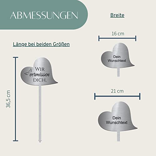 CHRISCK design Herz Grabstecker Grabschmuck aus Edelstahl mit Namen oder Spruch - Wir vermissen Dich Grabschmuck wetterfest Urnengrab - persönliche Grabdeko individuell gestalten (Personalisierbar)