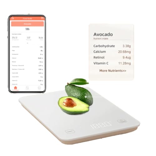 Bilancia Cucina Digitale Intelligente 5kg con App Bluetooth – Design in Vetro Temperato con Display LED, Alta Precisione al Grammo e Analisi Calorie e Valori Nutrizionali - Ideale per Dieta e Fitness