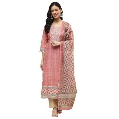 Image of BIBA Women Beige Cotton Machine Embroidered Unstitched Suit Set
