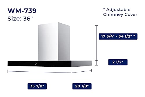 Image of Hauslane Wall Mounted Range Hood 36 Inch Wall Mount Kitchen Vent, Stainless Steel, Black Glass Panel, 3 Speed Touch Control, Baffle Filter Vented or Ventless 6 inch Duct (‎Stainless Steel, WM-739-36 INCH)