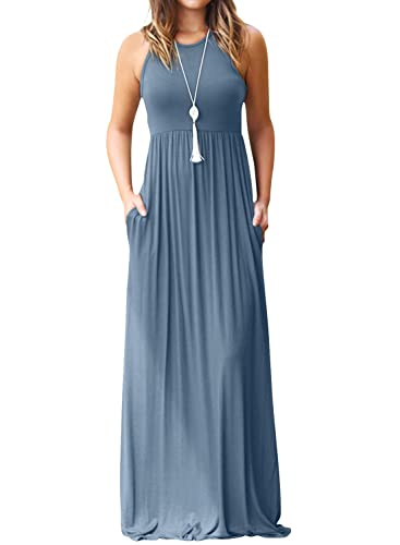 Image of EUOVMY Women's Sleeveless Dress Casual Plain Loose Summer Long Maxi Dresses with Pockets