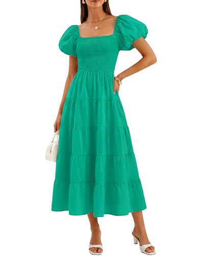 Image of ZESICA Women's 2026 Summer Puff Sleeve Midi Dress 2026 Boho Solid High Waist Flowy Beach Wedding Guest Long Dresses
