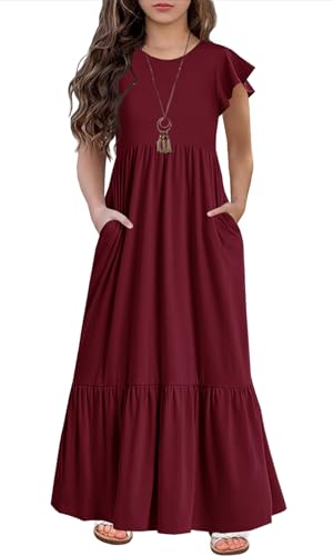 HOSIKA Girls Summer Ruffle Short Sleeve Crew Neck Loose Casual Flowy Tiered Maxi Dress with Pockets for 6-12 Y