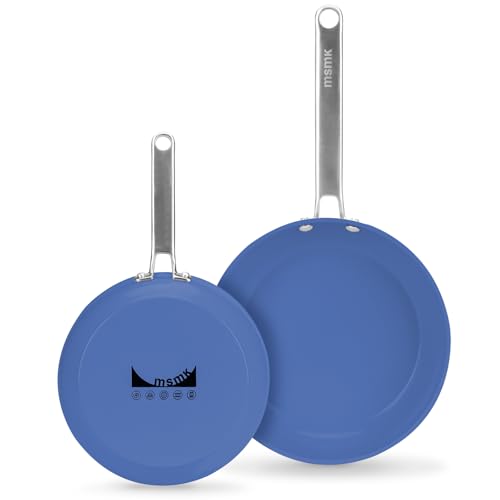 Image of MsMk Ceramic Nonstick 8-inch and 10-inch Frying Pan Set, No PFAS & PTFE & PFOA, Stainless Steel Handle, Dishwasher & Oven Safe,Blue
