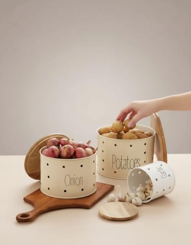 Image of Set of 3 Potato Onion & Garlic Storage Container For Kitchen | Storage Container For Kitchen Storage with Lid. (Ivory)