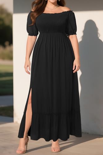 Image of Plus Size Summer Dresses Sun - Maxi Boho Casual Off Shoulder Floral Lace Long Dress with Pockets