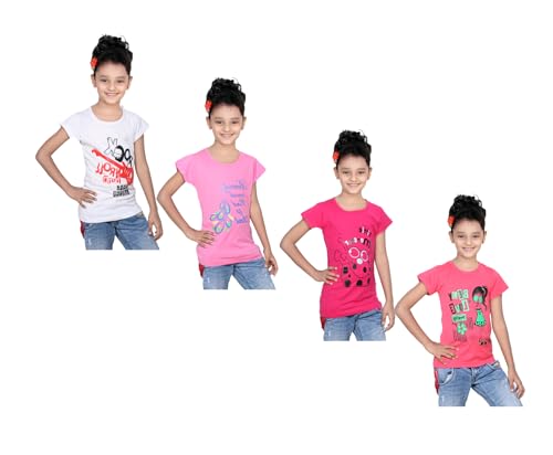 Image of indi weaves Girls Pure Cotton Chest Printed Half Sleeves Round Neck T-Shirts (Pack of 4)