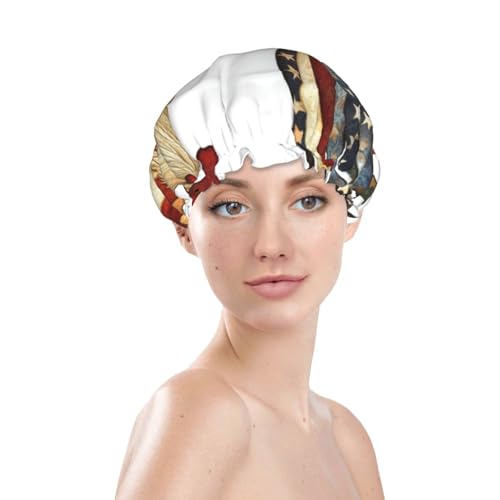 Rooster In Folk Art Shower Cap For Women Double Layer Lined Reusable Waterproof Bathing Shower Hat For All Hair
