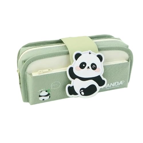 Image of Canvas School Bag Pencil Case, 3 Layer 6 Compartment Large Capacity, Aesthetic Pencil Pouch for Stationary, Cute Stationery for Kids, Pencil Case for Girls & Boys (Panda Side - Green)