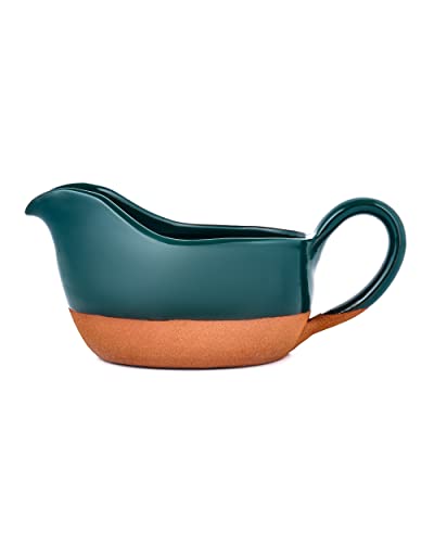 Gravy Boat Hand Crafted Terracotta Clay with Ergonomic Handle 11 Oz - Natural and eco-friendly - Gravy Warming Sauces - Salad Dressing - Microwave Safe (Sea Green)