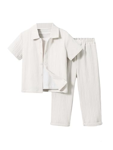 Image of RoseSeek Boy's 2 Piece Outfits Textured Button Down Short Sleeve Collar Shirts Tops and Elastic Waisted Pants White 4Y