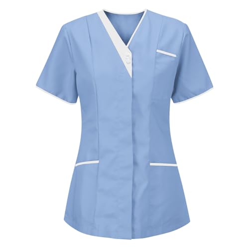 HAOLEI Uniformes Sanitarios Mujer,Uniforme de Trabajo para Mujer Camisetas Manga Corta Color Sólido Respirable Túnica Tops con Bolsillos Moda Casual Basic Suelto Cuello en V Top Apto para Limpiadores