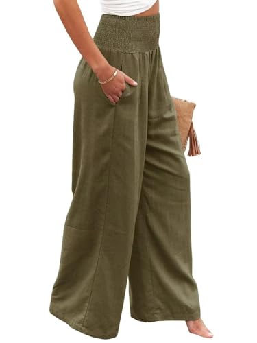 Chatinction Women Linen Palazzo Pants Flowy Wide Leg High Waist Lounge Boho Pant Trousers with Pockets2