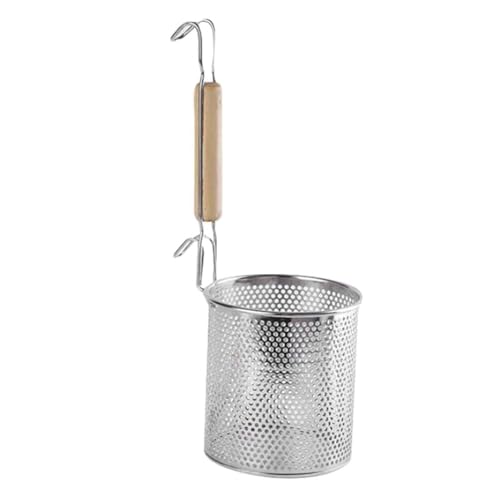 Image of KRESHU Micro-Perforated Mesh Design with Sturdy Wooden Handle | Stainless Steel Pasta and Noodle Strainer Basket | Frying Baskets for Chips | Anti-Corrosion Spider Drainer (35.5x14x14 cm) - Silver