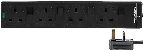 Surge Protected Extension Trailing Lead - Black/White Multi Plug USB Power Cable 1m 6 Gang 2 USB Surge, Black