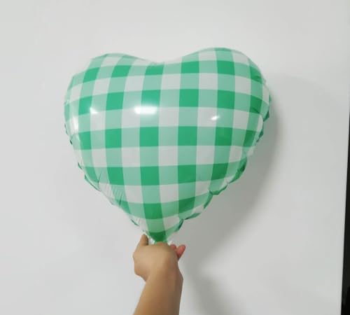 Image of 4pcs 18 inch Green Heart Checked Balloons Striped Plaid Heart Foil Balloons for Spring Party Decorations Picnic Party Decor Love Theme Birthday Party Wedding Baby Shower Versatile Party Decor