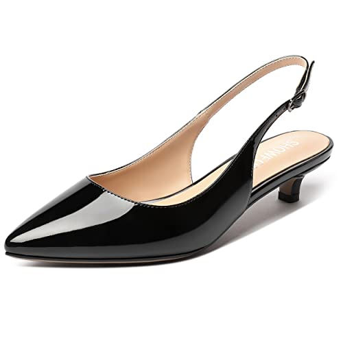 SHOWFOREST Women's Slingback Pointed Toe Wedding Dress Patent Buckle Kitten Low Heel Pumps Office Work Dress Shoes 1.5 Inch