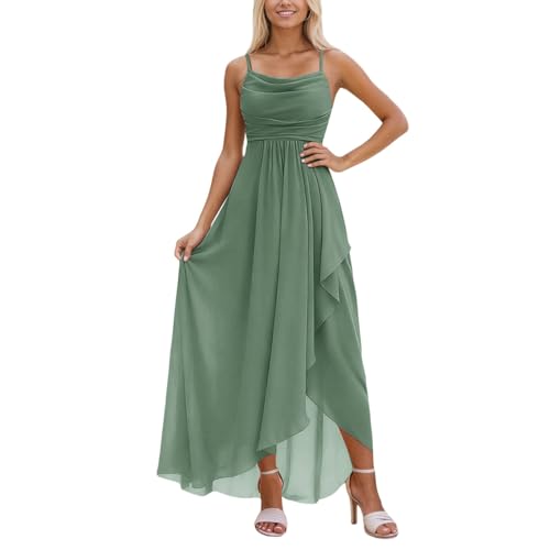Vestido de noche para mujer, elegante, de gasa, largo, tirantes finos, vestido de dama de honor, vestido de color liso con dobladillo irregular, vestido de cóctel elegante, R verde., L