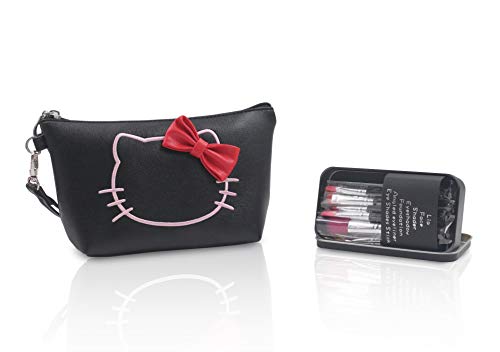 Finex Black Kitty PU Leather Cosmetic Bag + Makeup Brushes SET - Multifuction Travel Make up handbag with zipper and 7 Make-up Brushes in a Black Tin Box