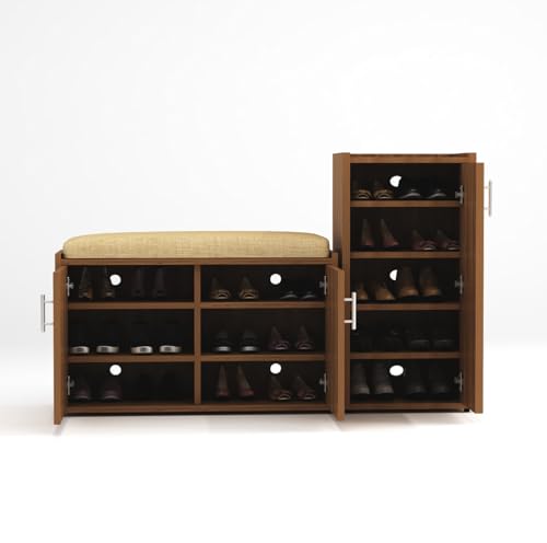 Image of DesignFit 8 Shelves Engineered Wood Shoe Rack with Cushion Seat | L-Shape Shoe Storage Cabinet Organizer for Hallway and Bedroom - 142X36X90 cm (Walnut Finish)