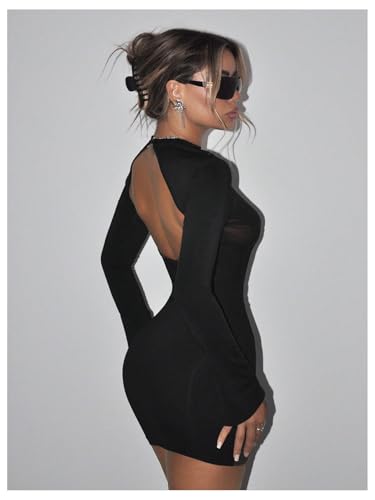 Image of SHENHE Women's Sexy Open Back Sheer Mesh Long Sleeve Backless Bodycon Party Mini Dress