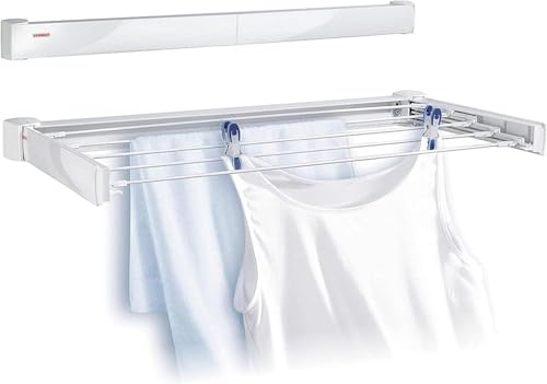 Leifheit Wandtrockner Telegant 72 Protect, 7,20m Wäscheleine für kleine Haushalte, platzsparender Wäschehalter Wand, Wandwäschetrockner draußen und drinnen, Wäschetrockner für die Wäsche zwischendurch