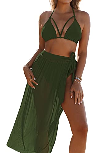 Kisscynest Women's Halter Neck Cut Out 3 Pieces Swimwear with Mesh Maxi Skirt