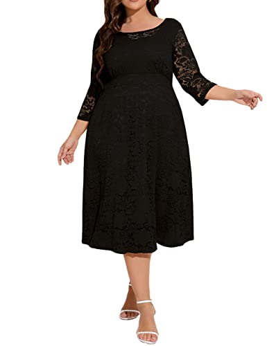 Lrady Women Plus Size Floral Lace 3/4 Sleeve Party Wedding Cocktail Swing Midi Dress With Pockets, Black, Xx-Large #TOP3