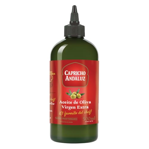 Capricho Andaluz - Aceite de Oliva Virgen Extra - Formato Biberón Antigoteo 500ml, prensado en frío, origen español, bajo en carbohidratos, sin azúcar | Para dieta mediterránea (Paquete de 6)