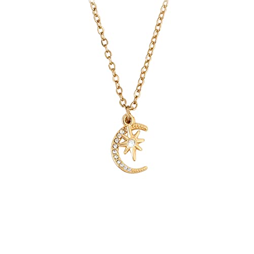 Collar mujer oro, cadena oro mujer, cadena niña con colgante estrella y luna, cadena joya zirconia mujer, los mejores regalos mujer para San Valentin/Navidad Cover