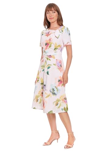 Image of London Times Women's Women's A-line Midi Dress - Short Sleeve Fitted Waist with Bow Detail - Versatile Floral Dresses