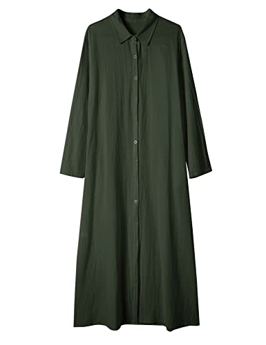 Image of Ladyful Women's Cotton Linen Maxi Dress Summer Long Sleeve Shirt Dress | Button down, Collared, Pockets, Solid color /Striped, Summer Caftans for women, Plus size, Cotton maxi dress for Party, Beach
