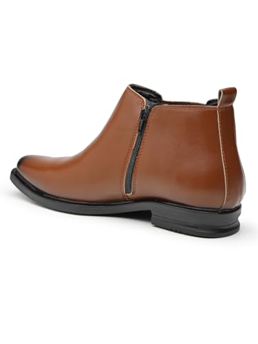 Image of Men's Stylish Vegan Leather Chelsea Boots with Side Zipper & Elastic Panel, Square Toe Ankle Boot (Tan /Black /Brown)