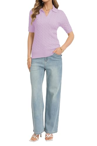 Image of QUALFORT Cable Knit Women's Short Sleeve Sweater Soft V Neck Polo Tops