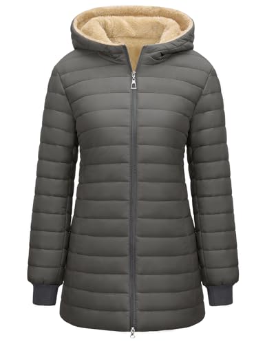 RITOSTA Steppjacke Damen Warme Winterjacke Fleecejacke mit Kapuze Wintermantel Leicht Daunenjacke Lang Damen-Jacken Puffer Mantel Winter Herbstjacke mit Taschen(Grau,M)