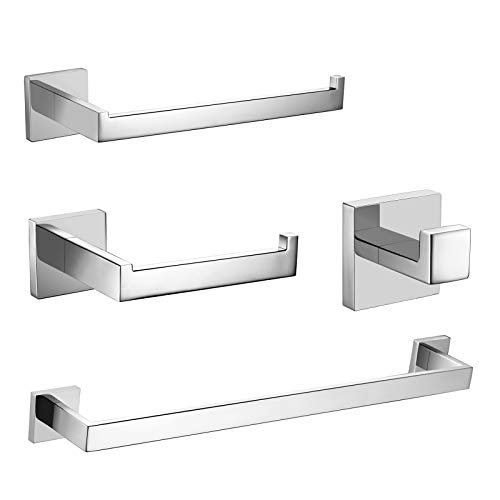 Nolimas 4-Piece Chrome Bathroom Hardware Accessory Set Including Towel Bar Toilet Paper Holder Towel Holder Robe Hook Premium SUS304 Stainless Steel Wall Mounted Square Style,Polished Finish,Rustproof