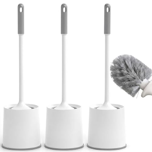 Image of Pack of 3 Toilet Cleaning Brush with Holder Set Free Stand, Pot Commode Bathroom Cleaning ScrubberBrush Plastic bristles Toilet Brush, Long Handle Bathroom Sleek Toilet Bowl Cleaner Brush with Stand