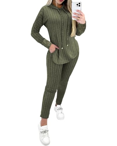 CHICME 2025 2 Piece Outfits for Women Ribbed Long Sleeve Shirt Pullover and Skinny Pants Set Lounge Set